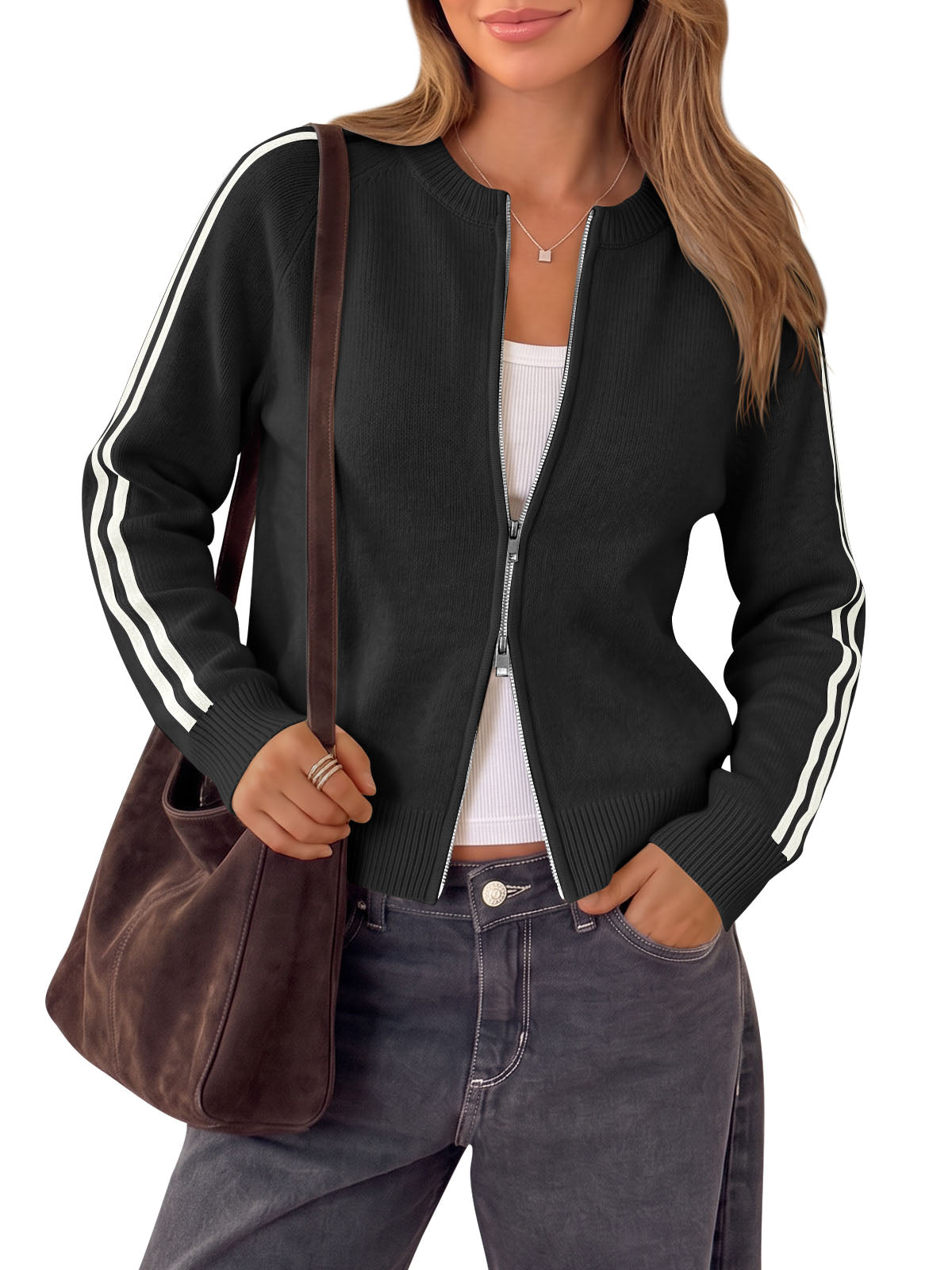 usvara Womens Zip Up Crew Neck Cardigan