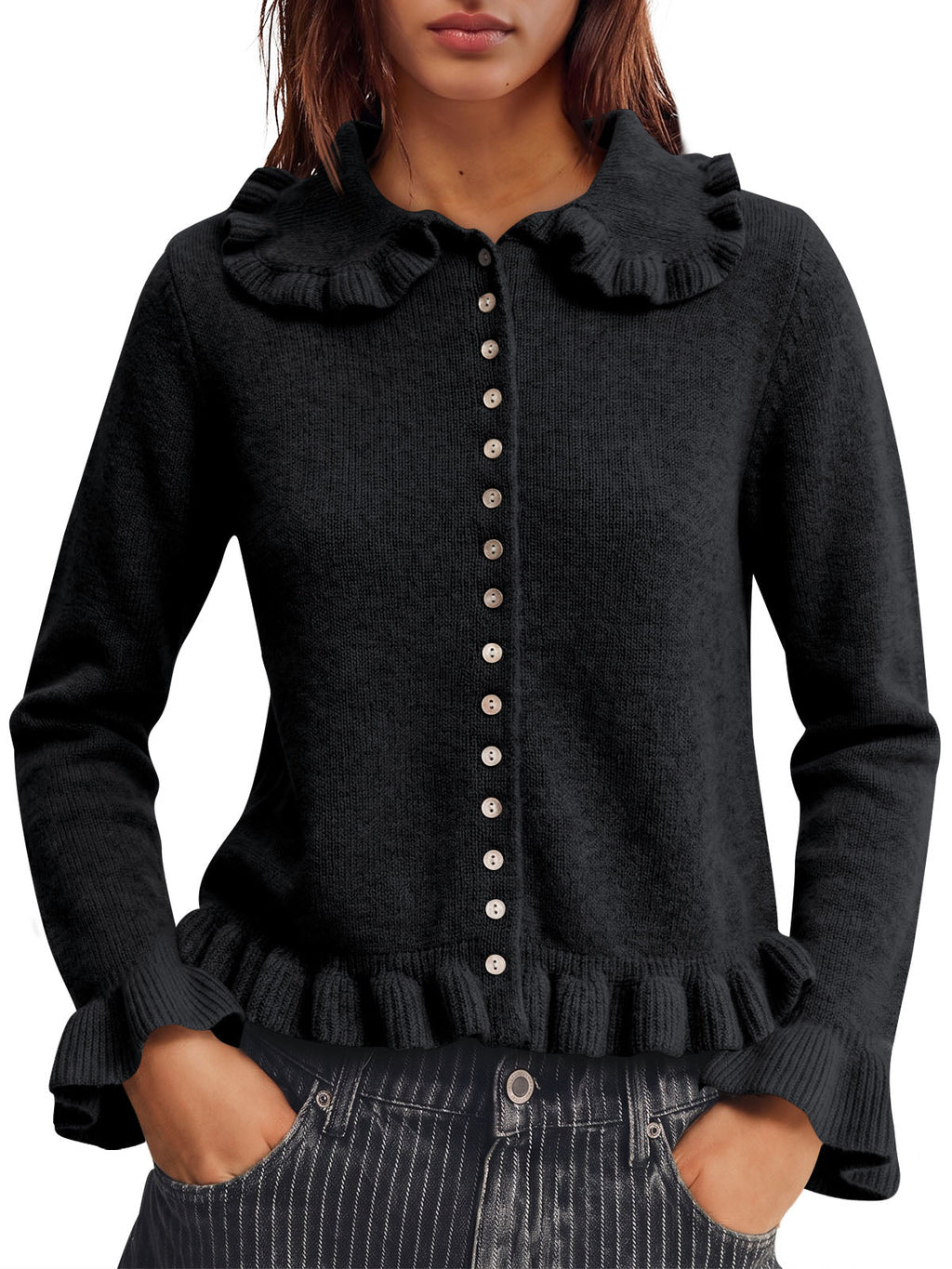 usvara Womens Ruffle Button Down Cardigan