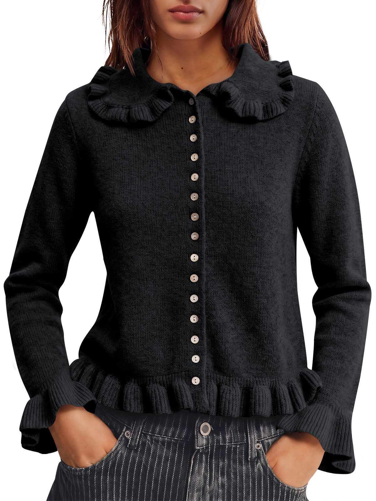 usvara Womens Ruffle Button Down Cardigan
