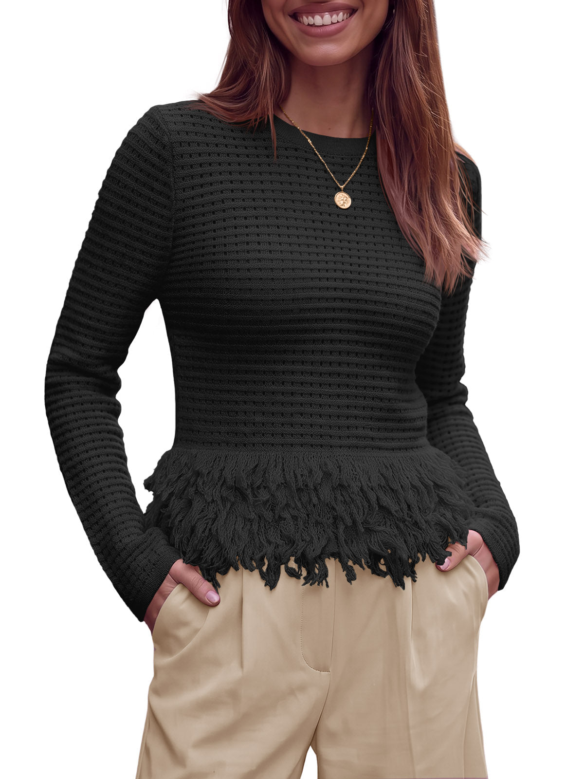 usvara Womens Crochet Fringe Crew Neck Sweater
