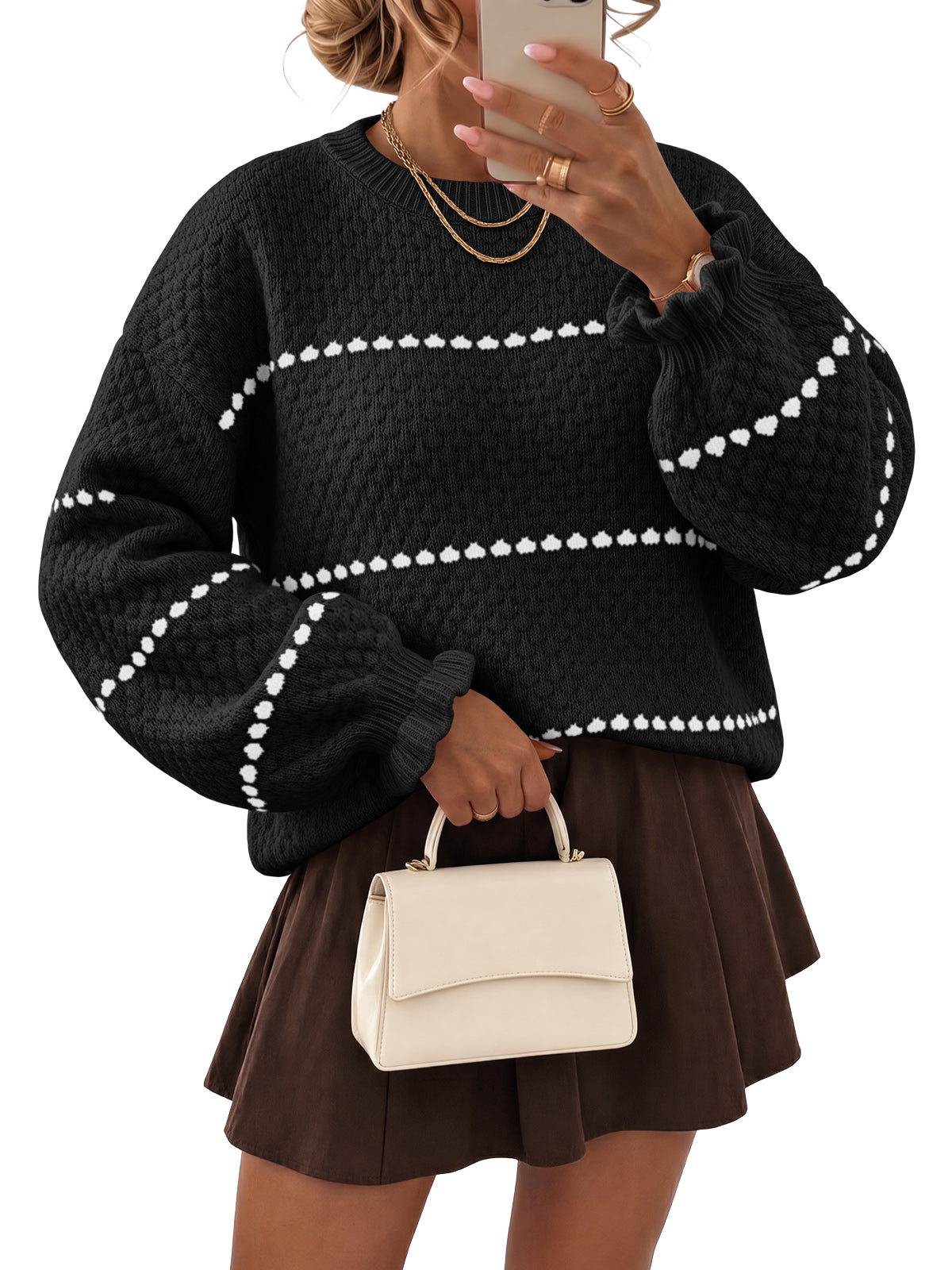 usvara Womens Heart Striped Ruffle Sweaters