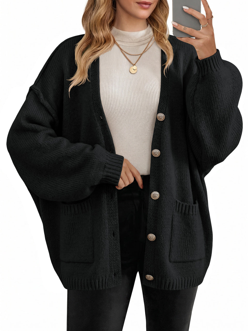usvara Womens V Neck Loose Button Cardigan