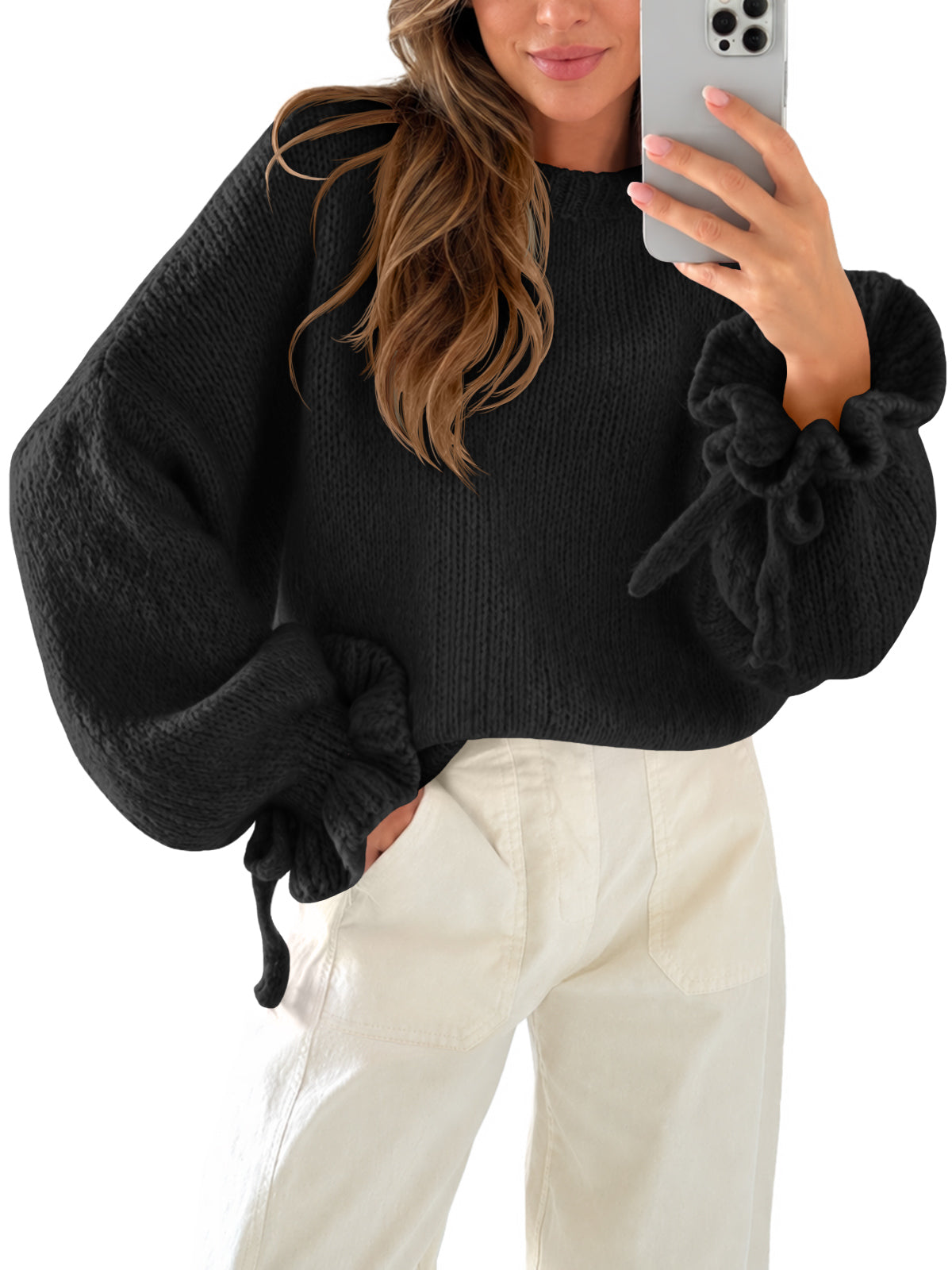 usvara Women Ruffle Long Sleeve Knit Sweater