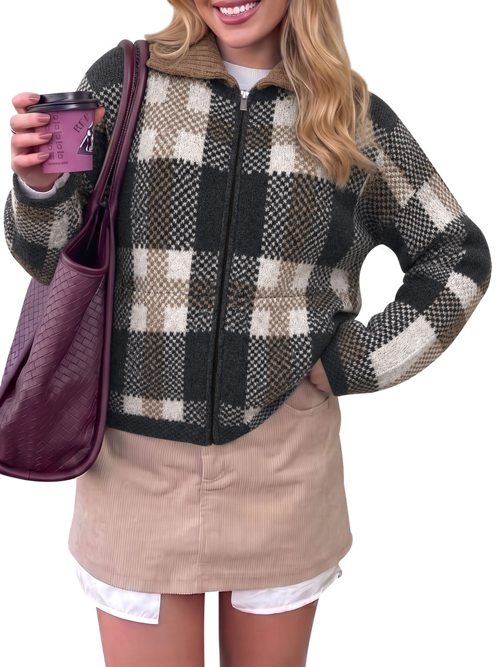 usvara Womens Plaid Color Block Zip Cardigan