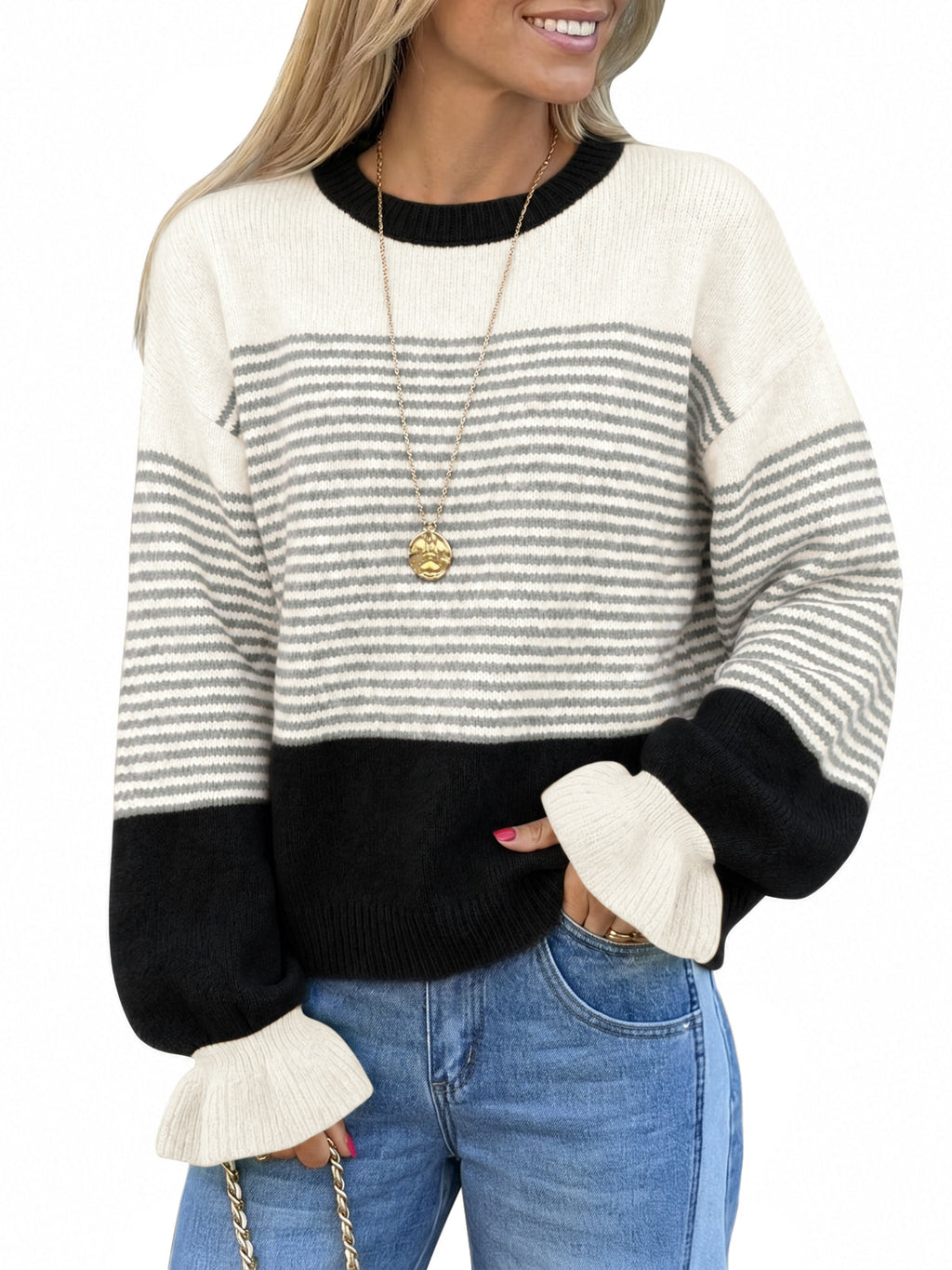 usvara Women Ruffle Sleeve Sweater