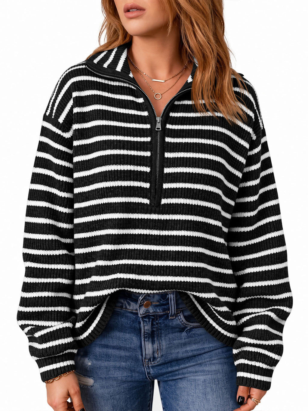 usvara Womens Striped Half Zip Sweater