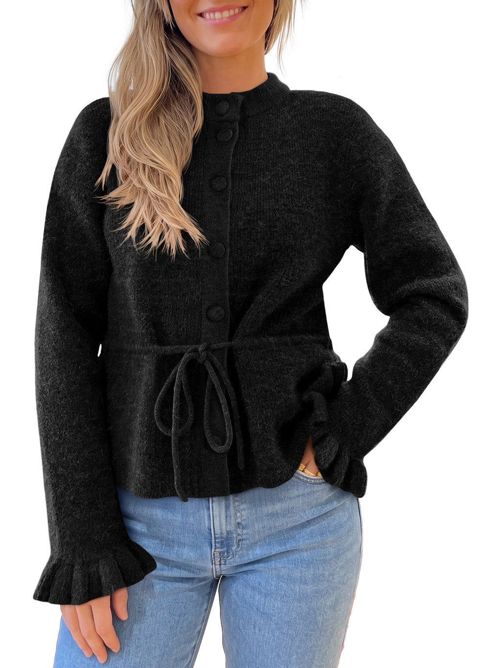 usvara Womens Ruffle Sleeve Button Tie Cardigans