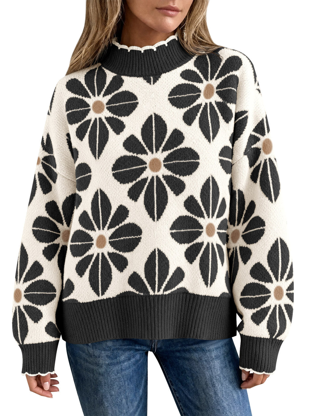 usvara Womens Mock Neck Floral Knit Sweater