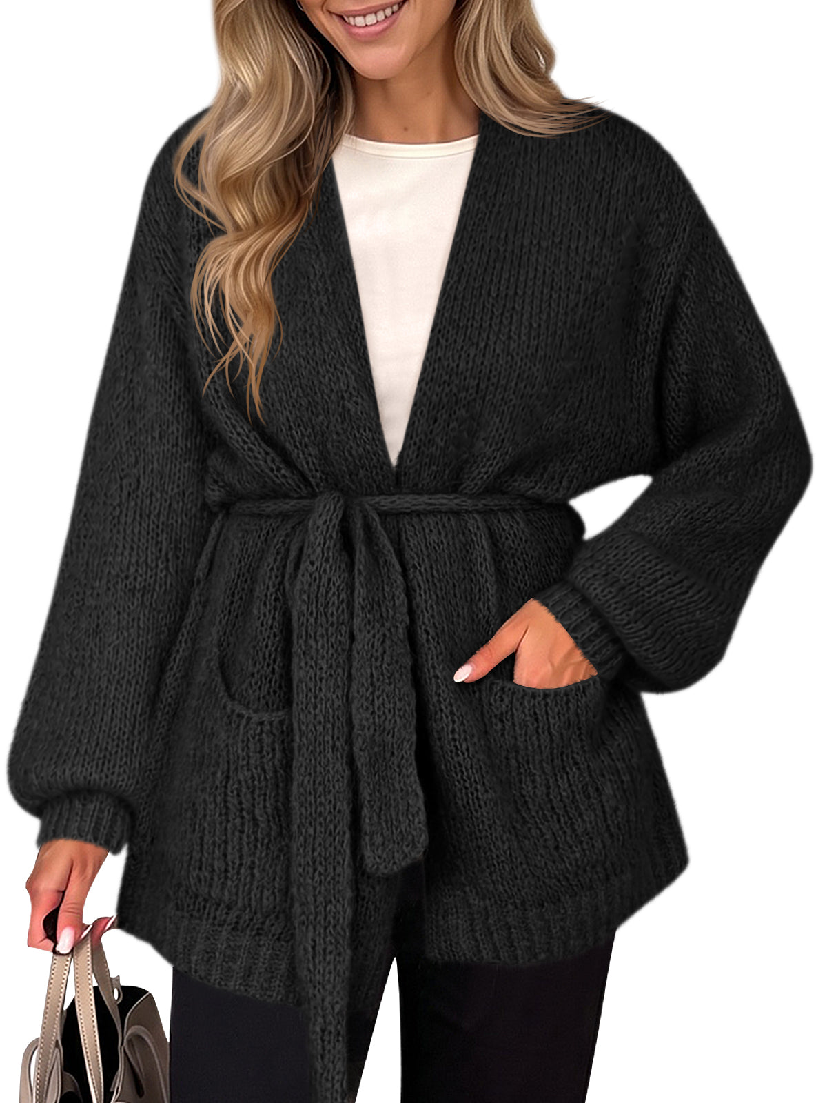 usvara Womens V Neck Belted Cardigan