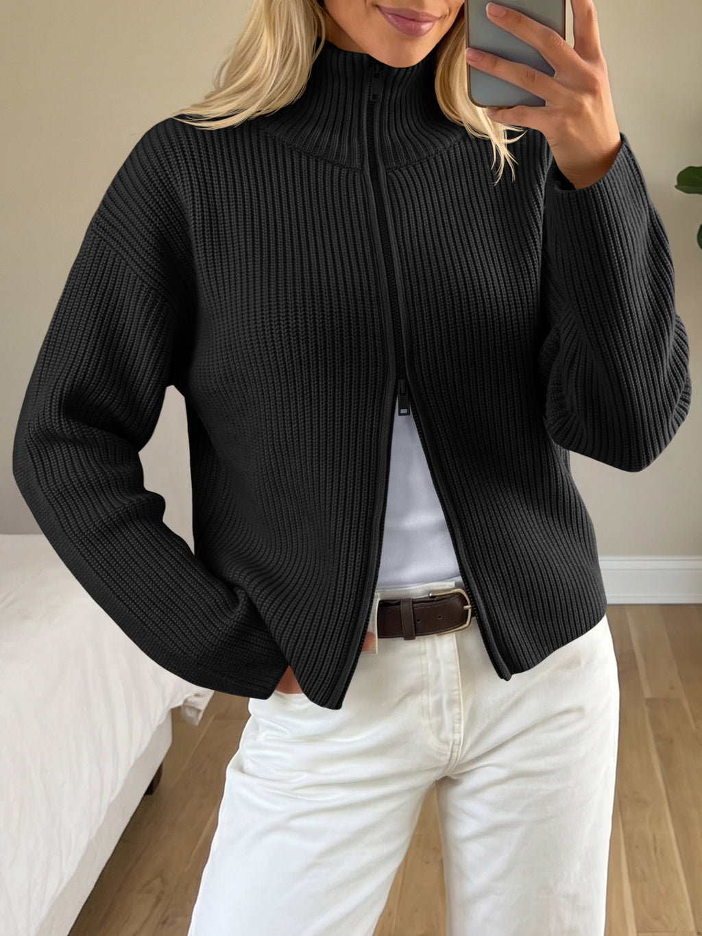 usvara Women Zip Up Chunky Knit Sweater
