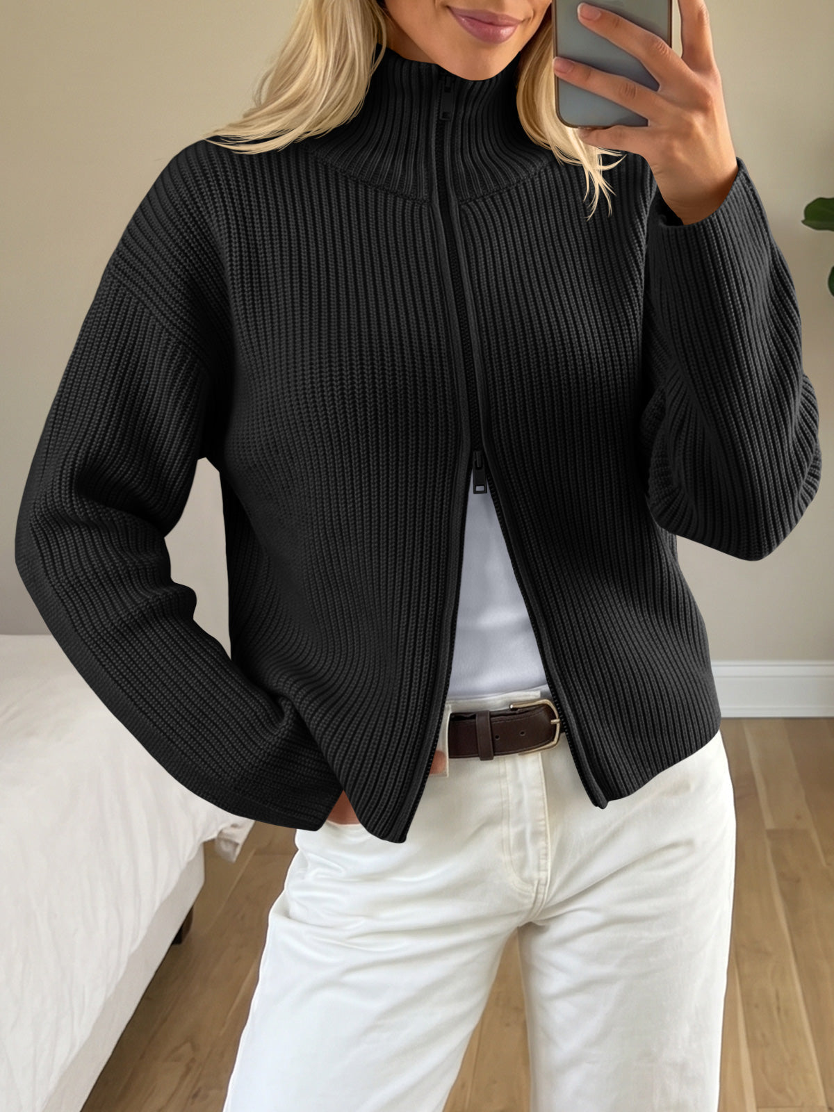 usvara Women Zip Up Chunky Knit Sweater