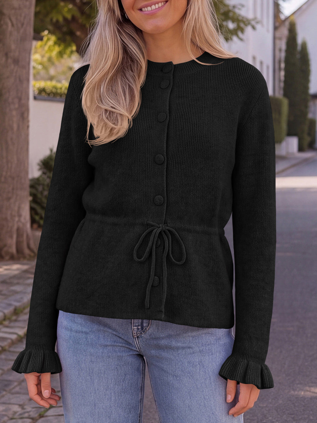 usvara Womens Ruffle Sleeve Button Tie Cardigans