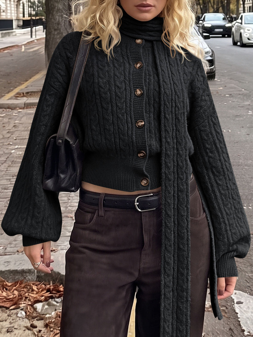 usvara Womens Cable Knit Cardigan with Scarf