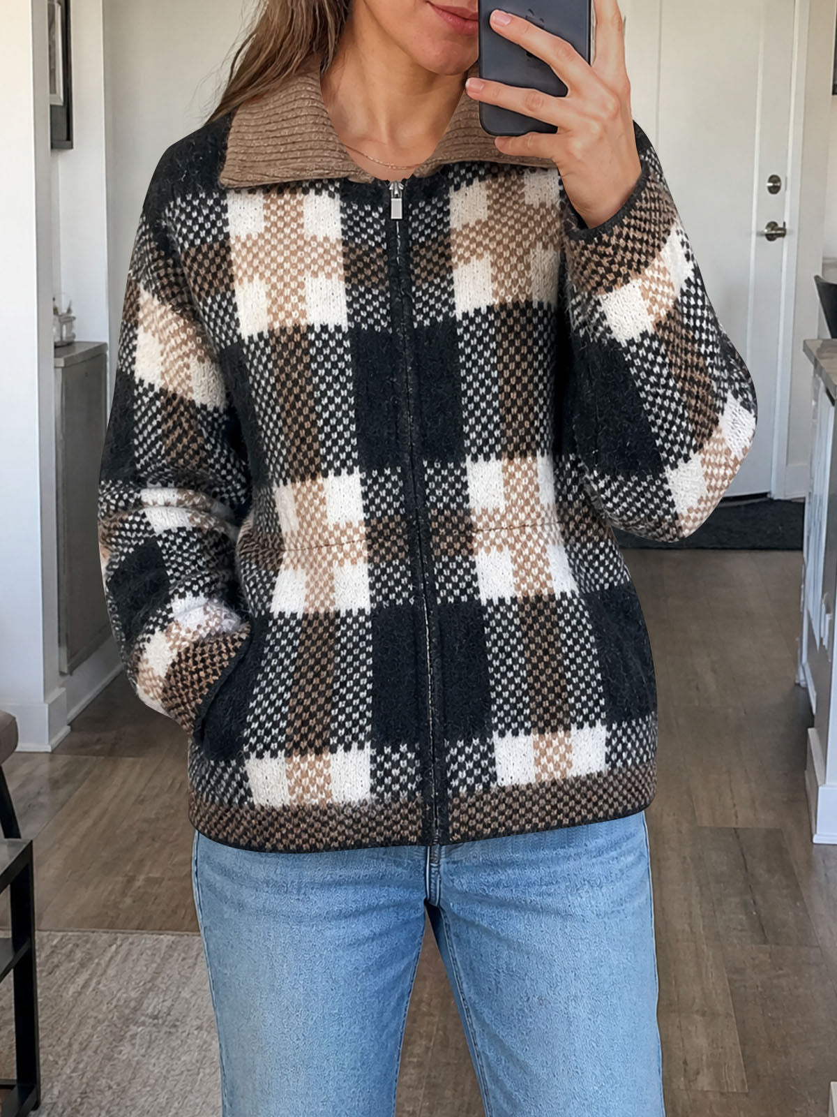 usvara Womens Plaid Color Block Zip Cardigan