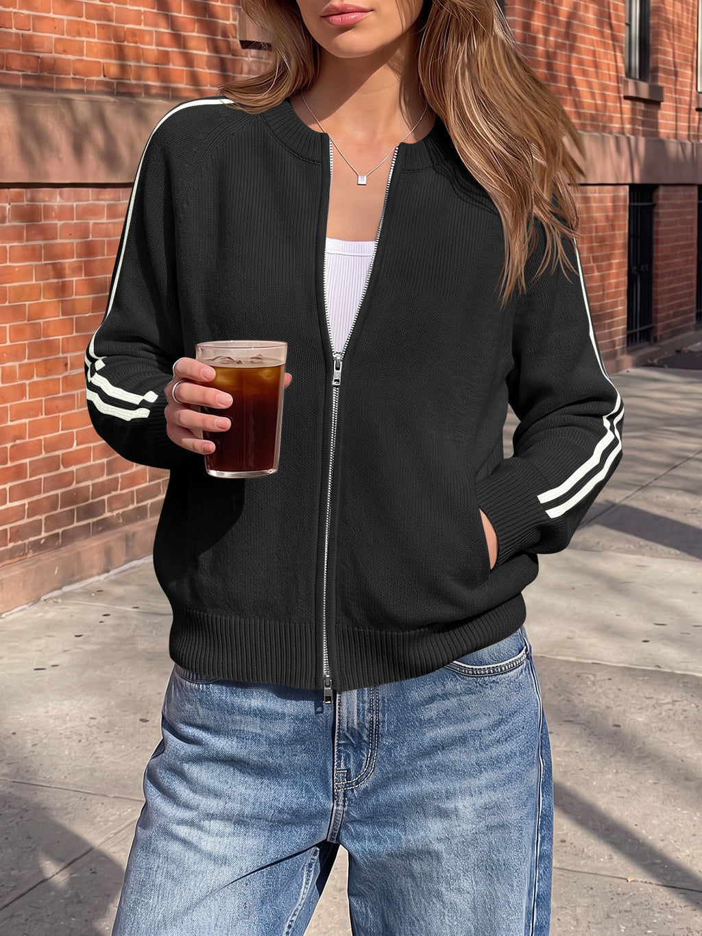 usvara Womens Zip Up Crew Neck Cardigan