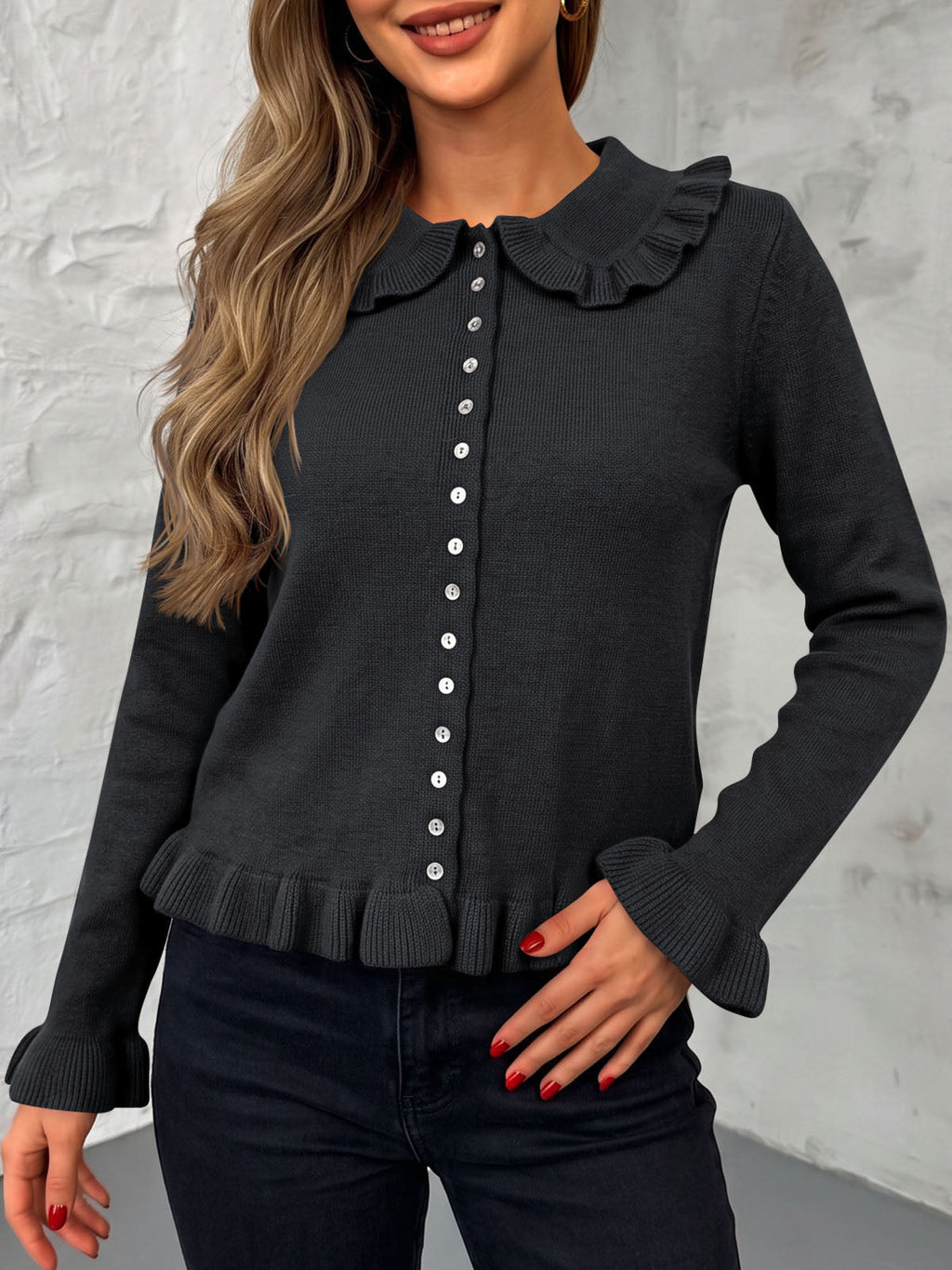 usvara Womens Ruffle Button Down Cardigan