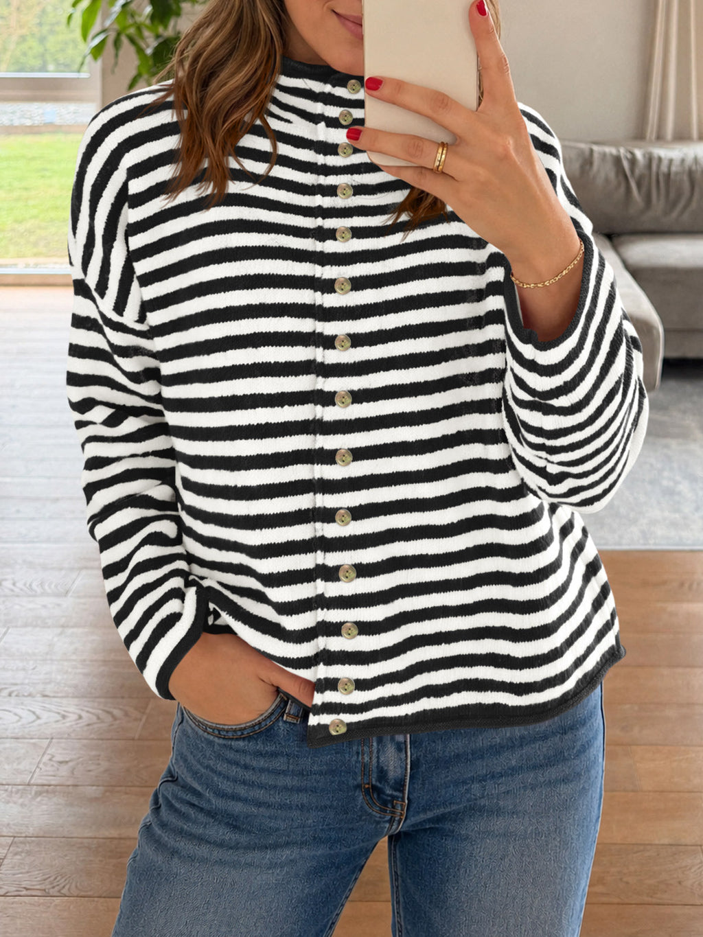 usvara Womens Striped Mock Neck Cardigan