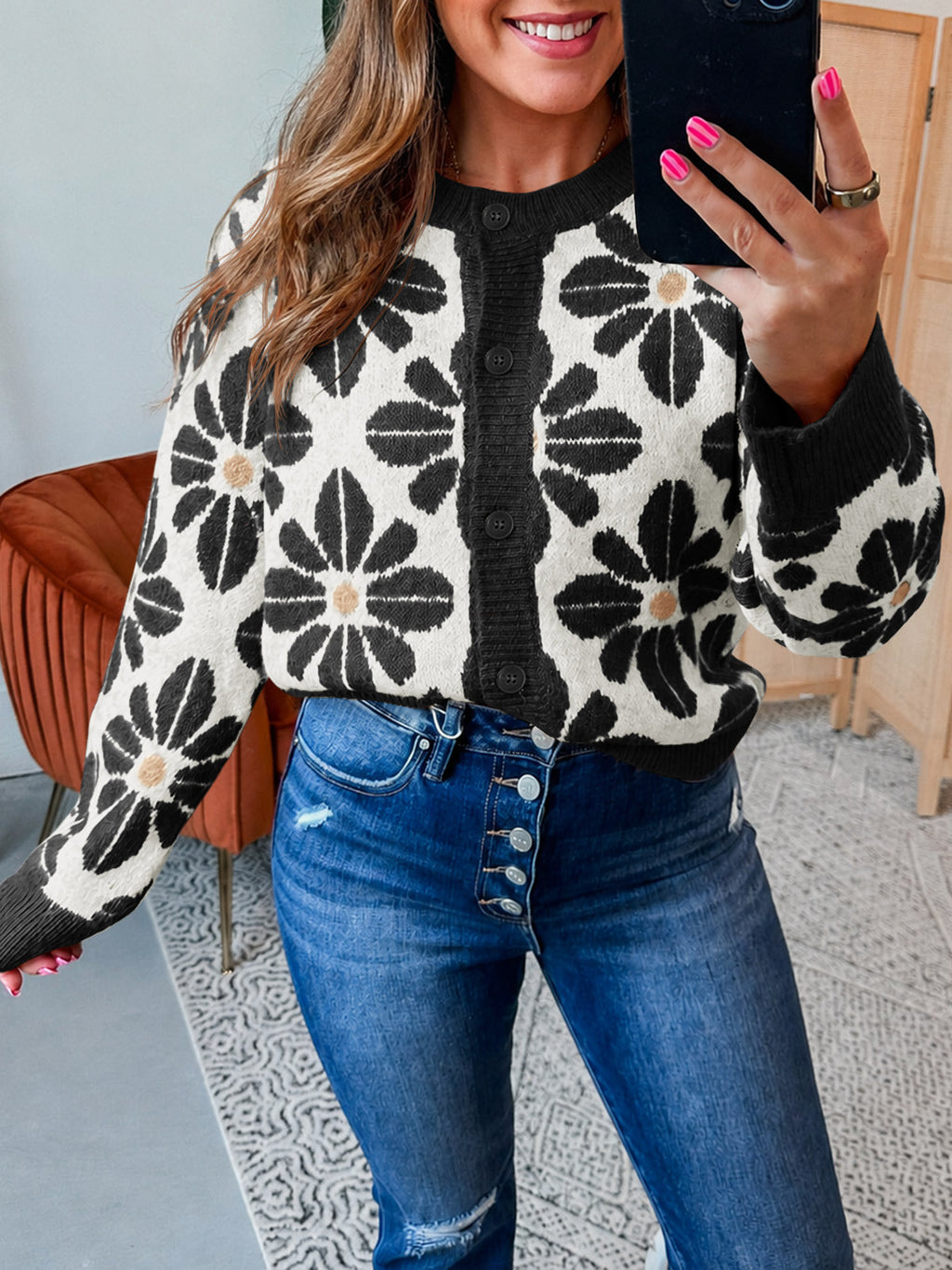 usvara Womens Floral Button Up Vintage Sweater