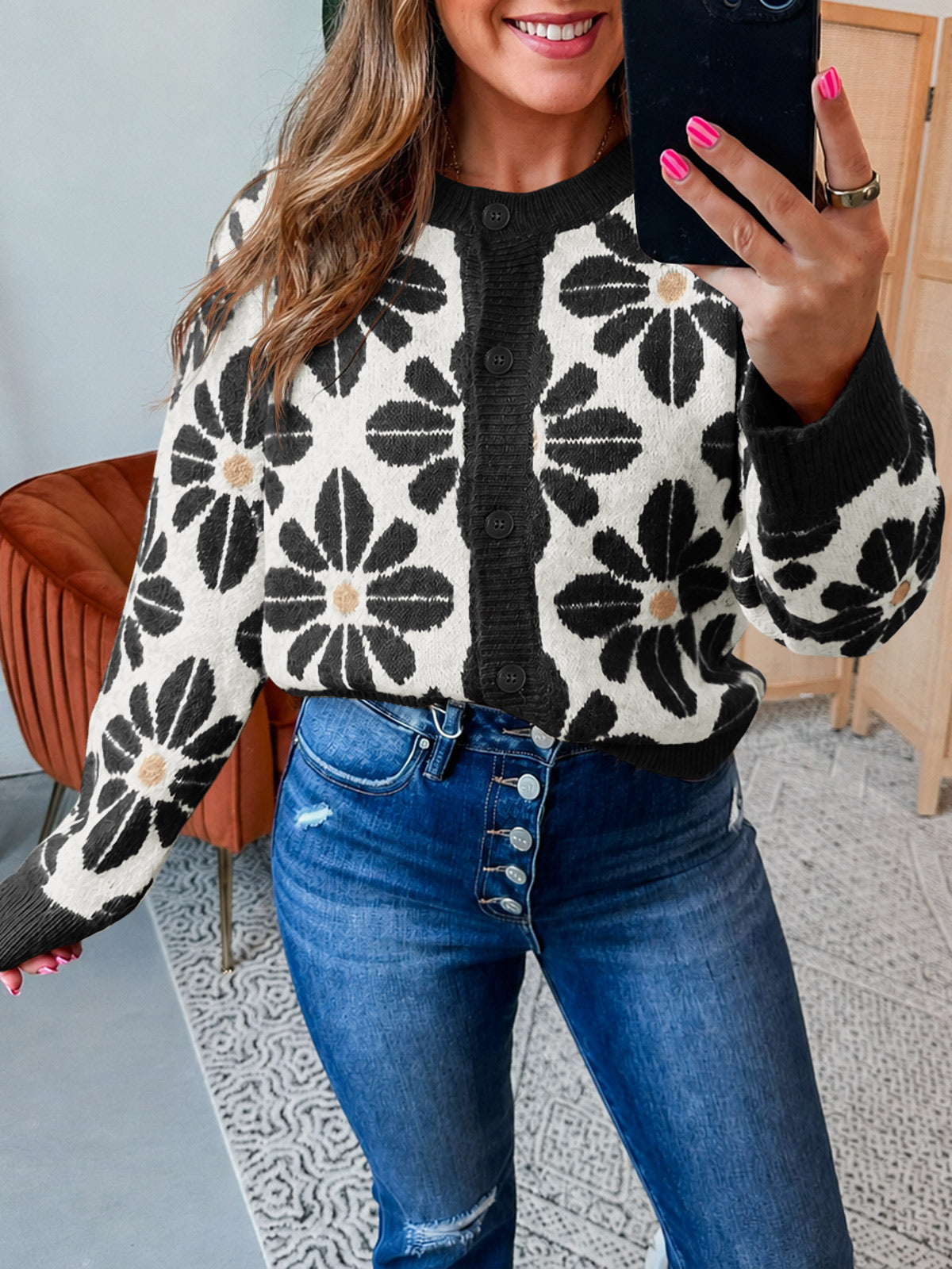 usvara Womens Floral Button Up Vintage Sweater