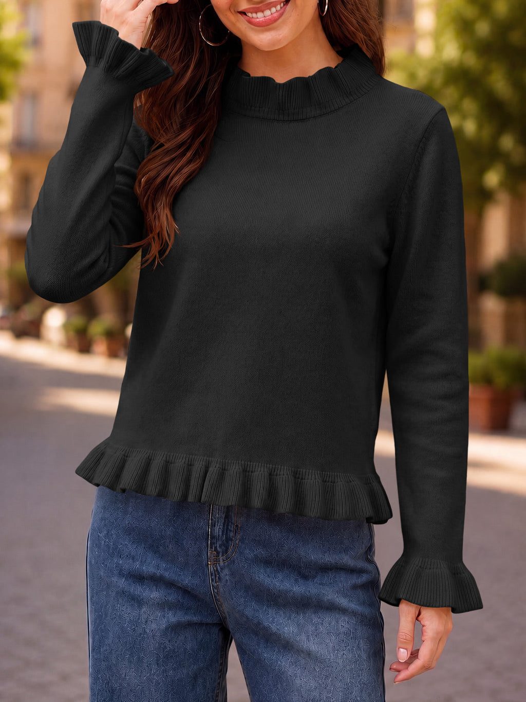 usvara Women Ruffle Mock Neck Knit Sweater