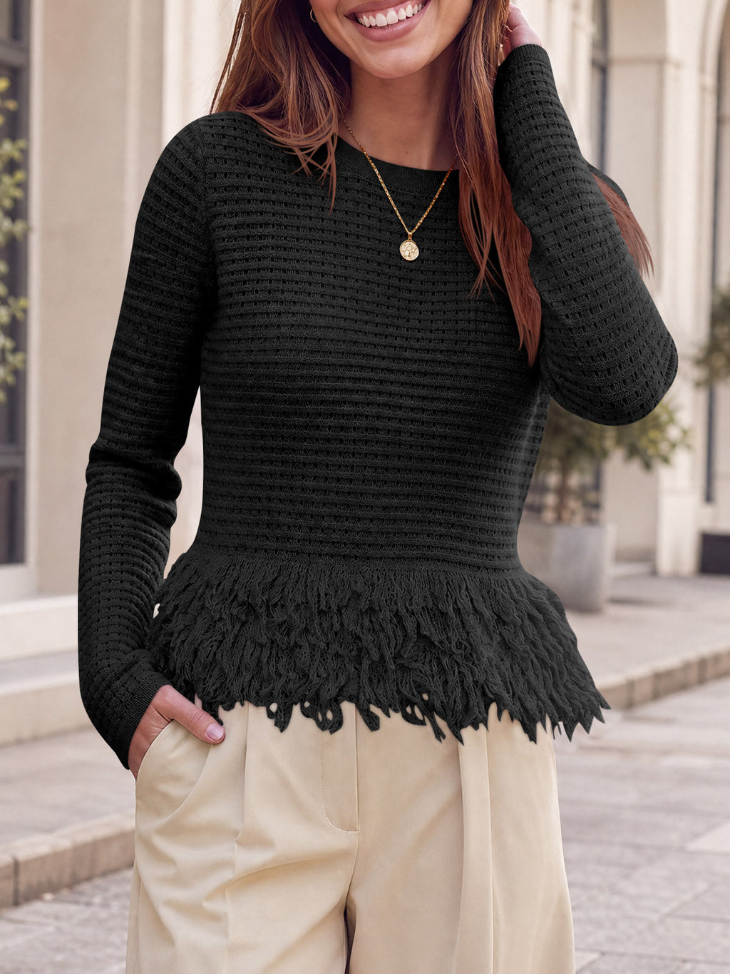 usvara Womens Crochet Fringe Crew Neck Sweater