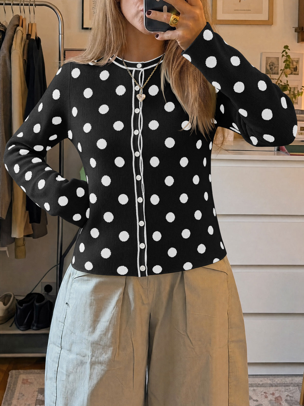 usvara Womens Polka Dot Button Up Cardigan