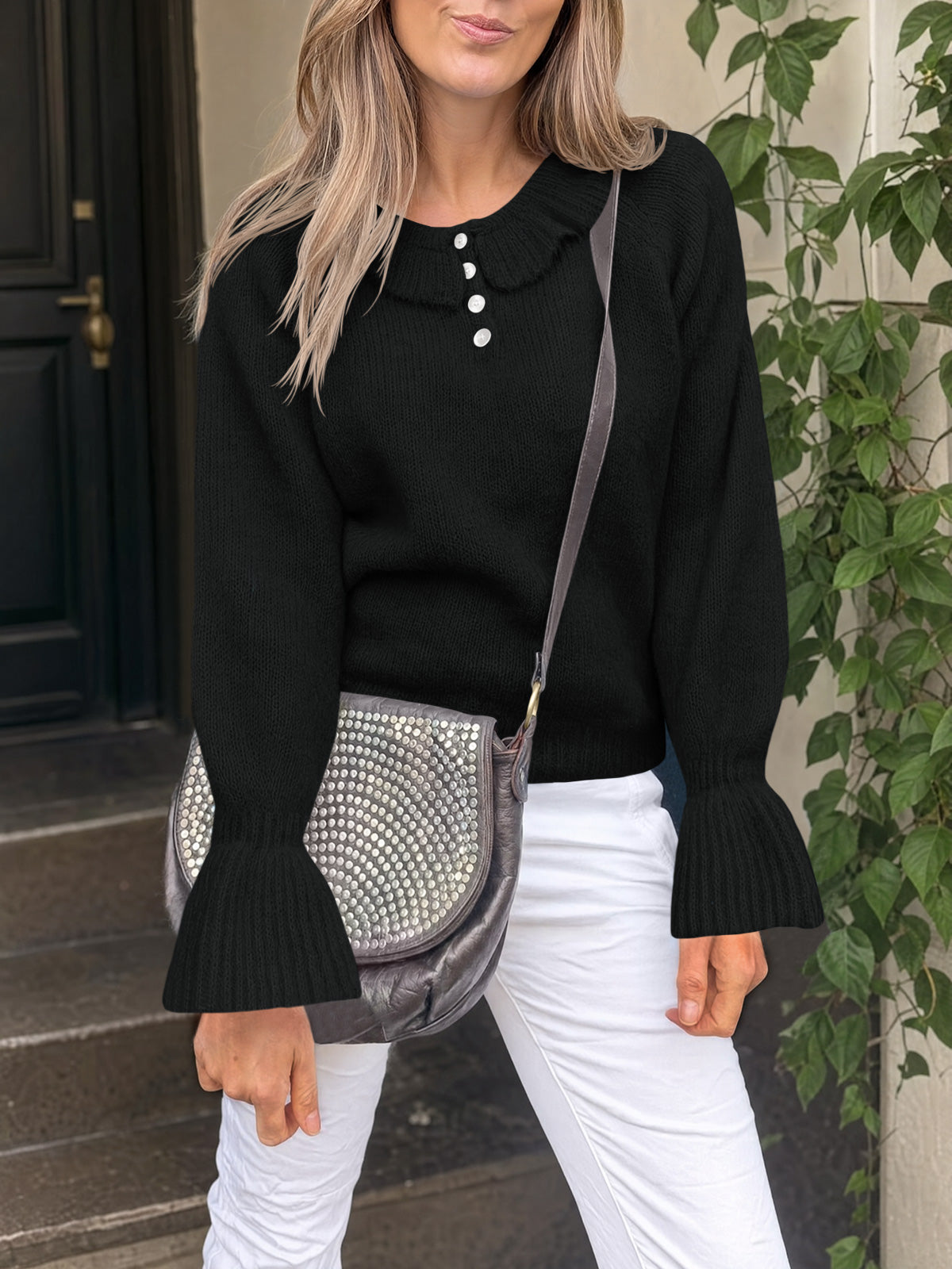 usvara Women Ruffle Collared Long Sleeve Sweater