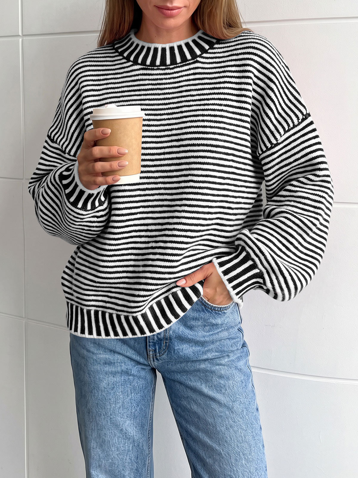 usvara Womens Striped Crew Neck Knit Sweater