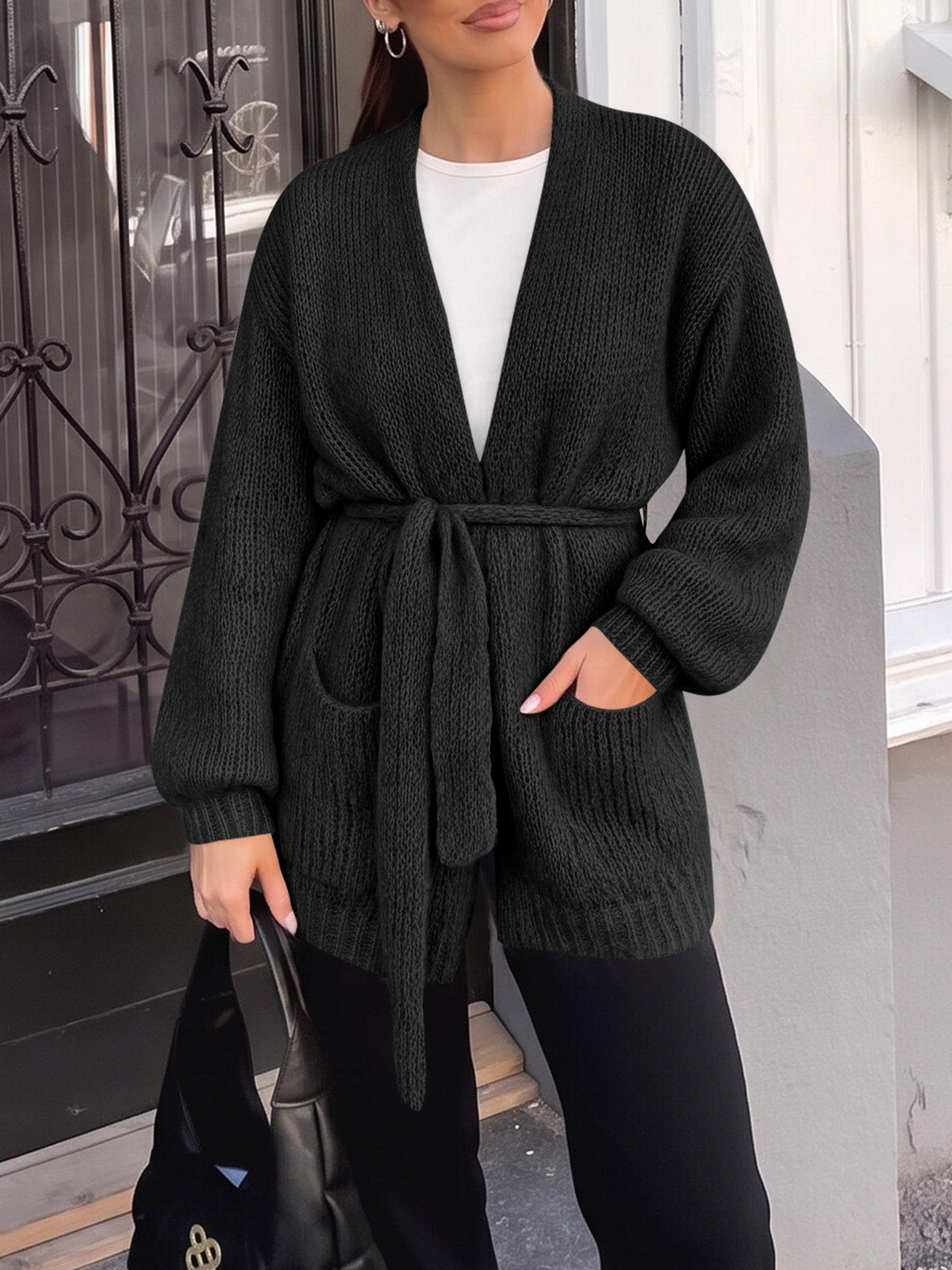 usvara Womens V Neck Belted Cardigan