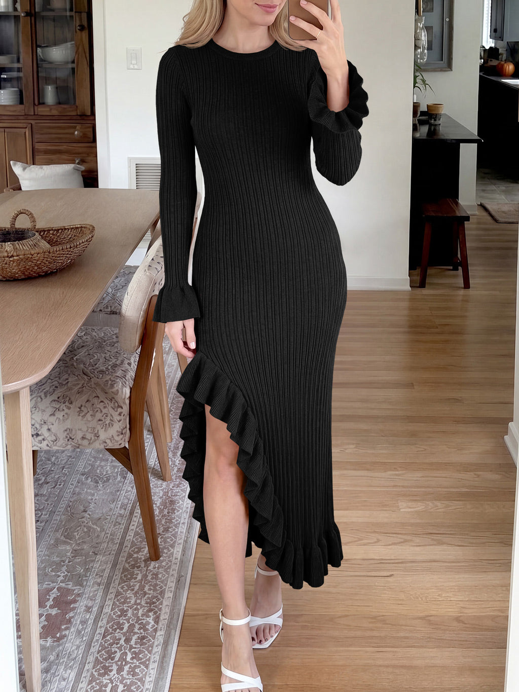 usvara Womens Bell Sleeve Ruffle Sweater Dress