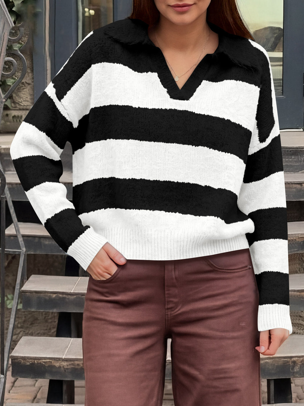 usvara Womens Striped Polo V Neck Sweaters