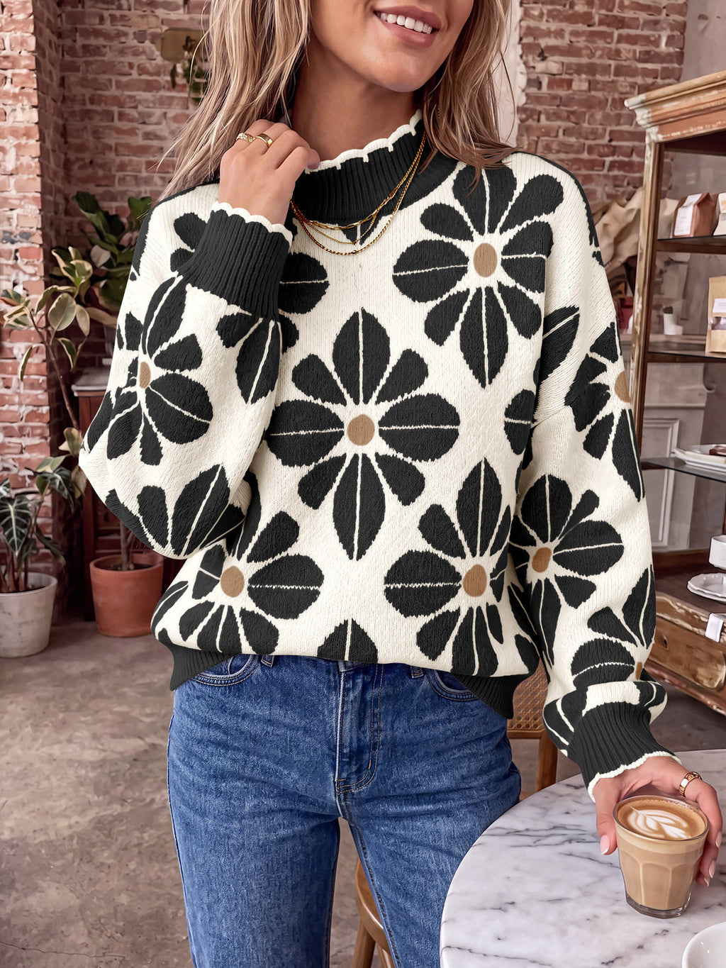 usvara Womens Mock Neck Floral Knit Sweater