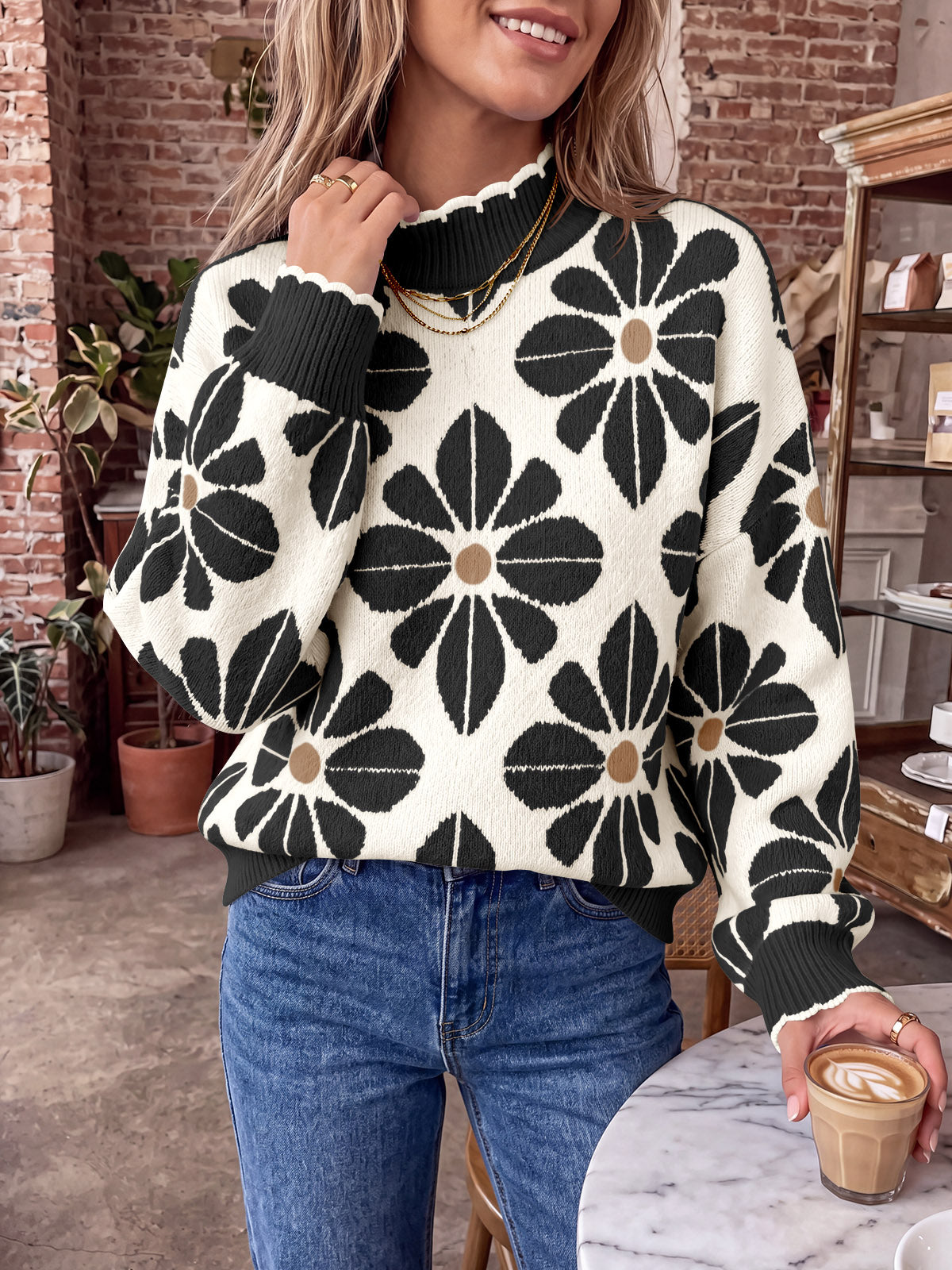usvara Womens Mock Neck Floral Knit Sweater