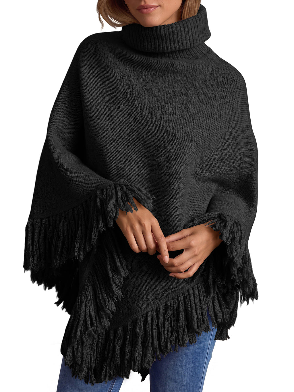 usvara Womens Fringe Turtleneck Poncho Sweater