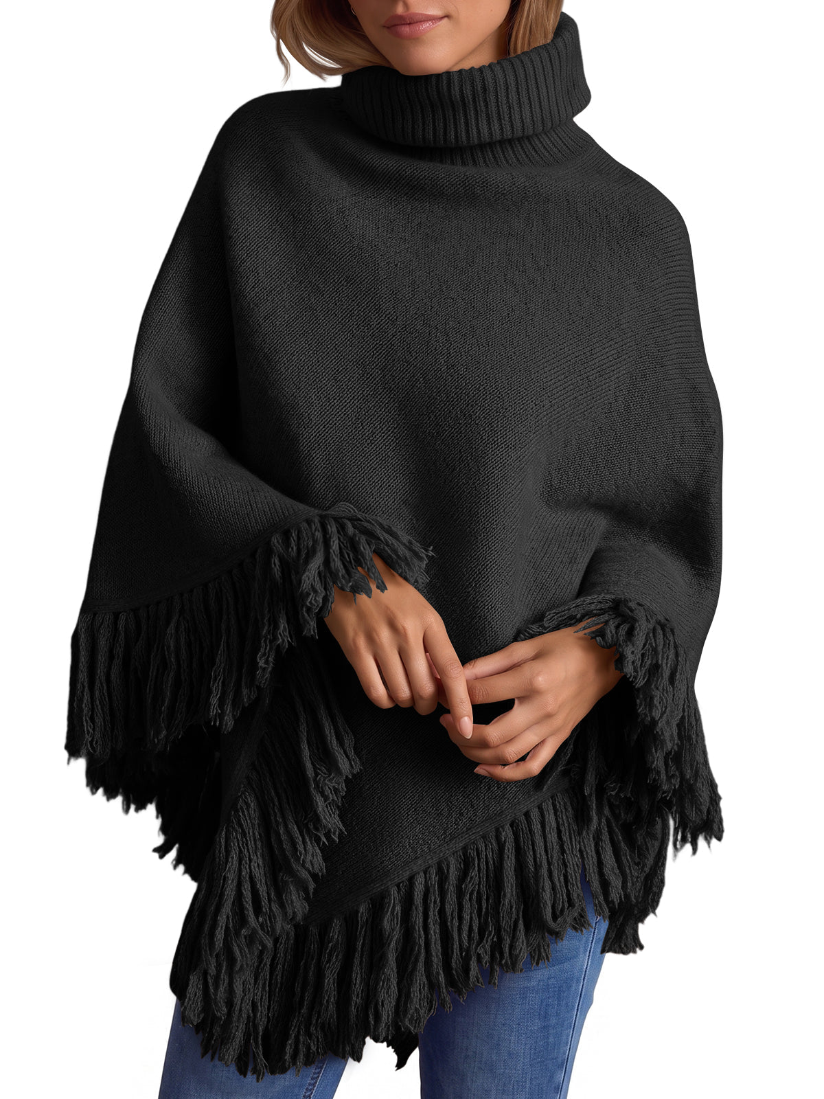 usvara Womens Fringe Turtleneck Poncho Sweater