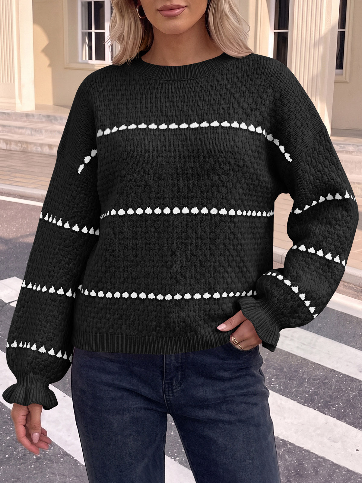 usvara Womens Heart Striped Ruffle Sweaters