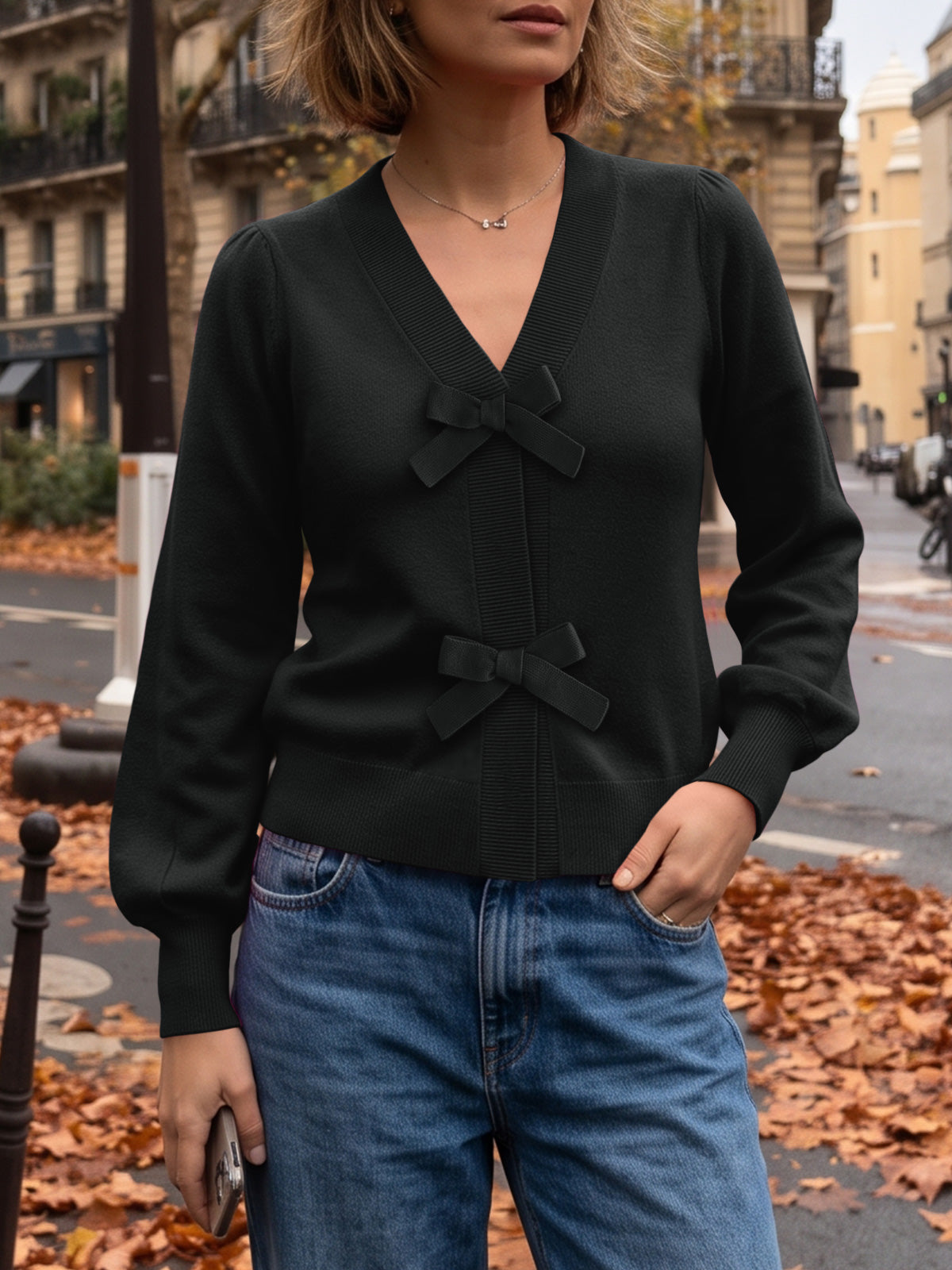 usvara Women V Neck Bow Knit Cardigan