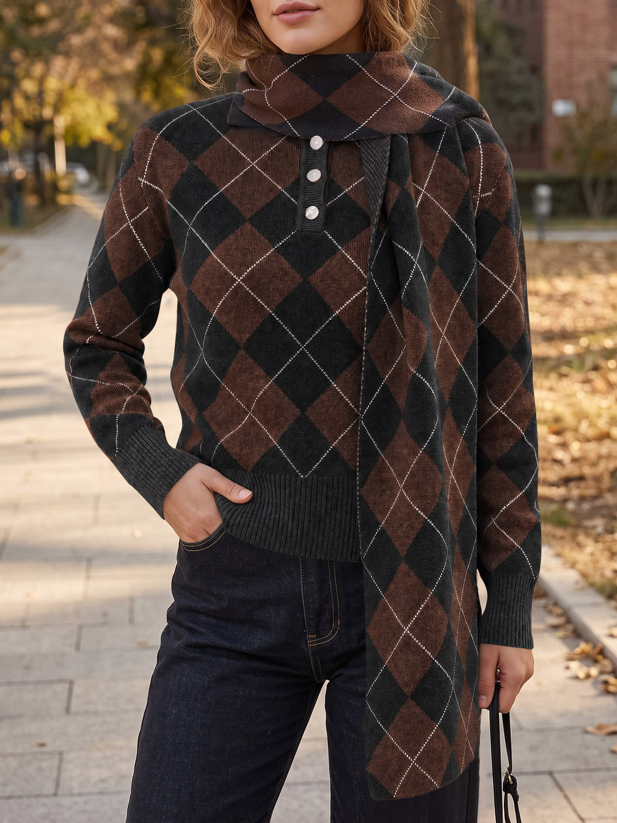usvara Womens Argyle Color Block Polo Sweater