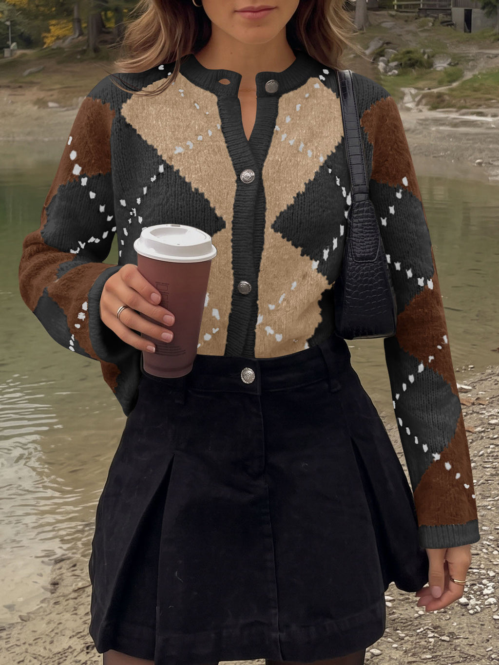 usvara Womens Argyle Crew Neck Knit Cardigan
