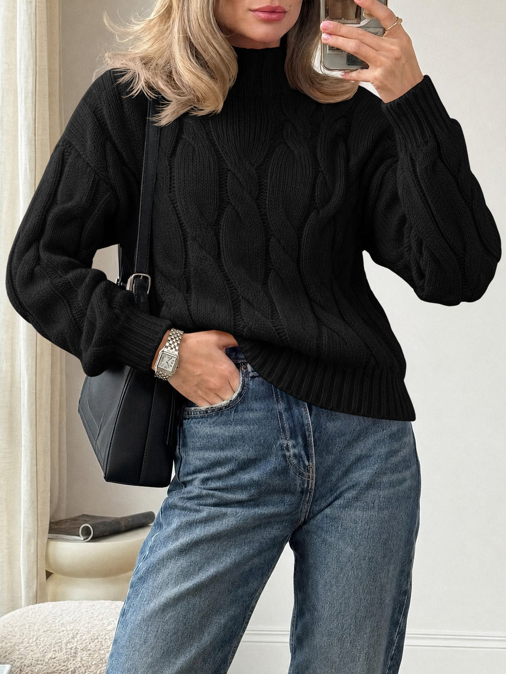 usvara Womens Mock Neck Cable Knit Sweater
