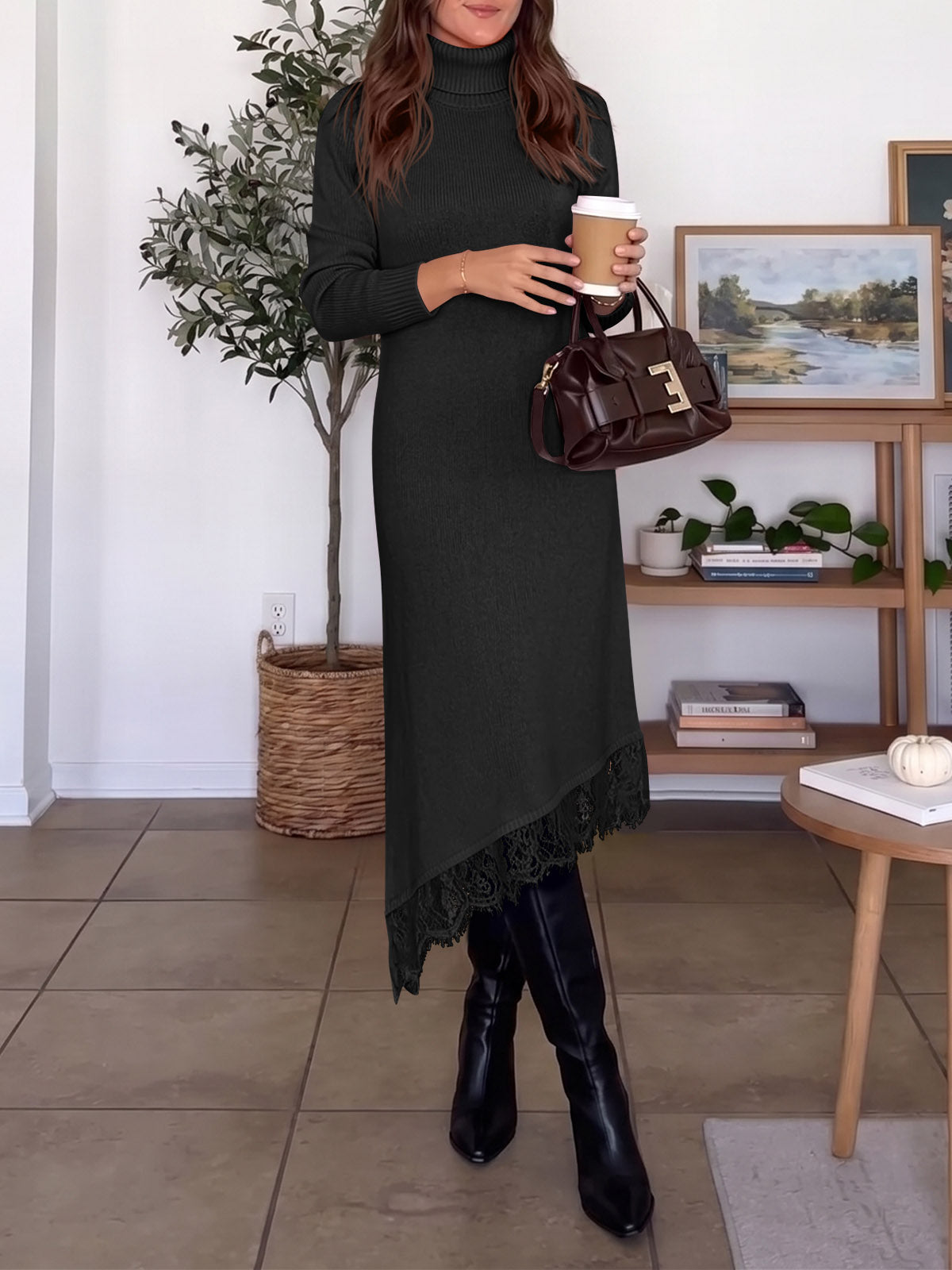 usvara Womens Lace Turtleneck Sweater Dress