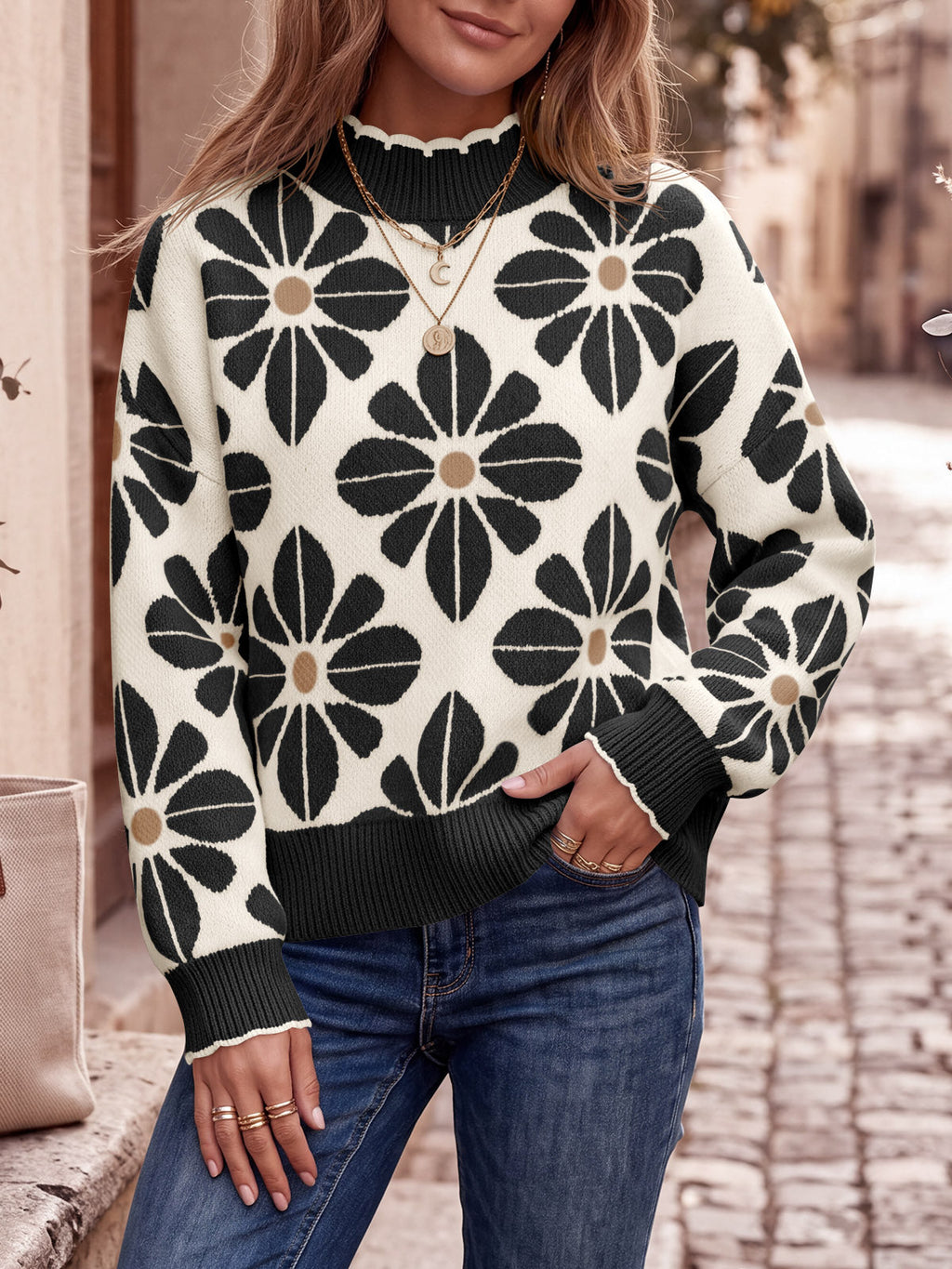 usvara Womens Mock Neck Floral Knit Sweater