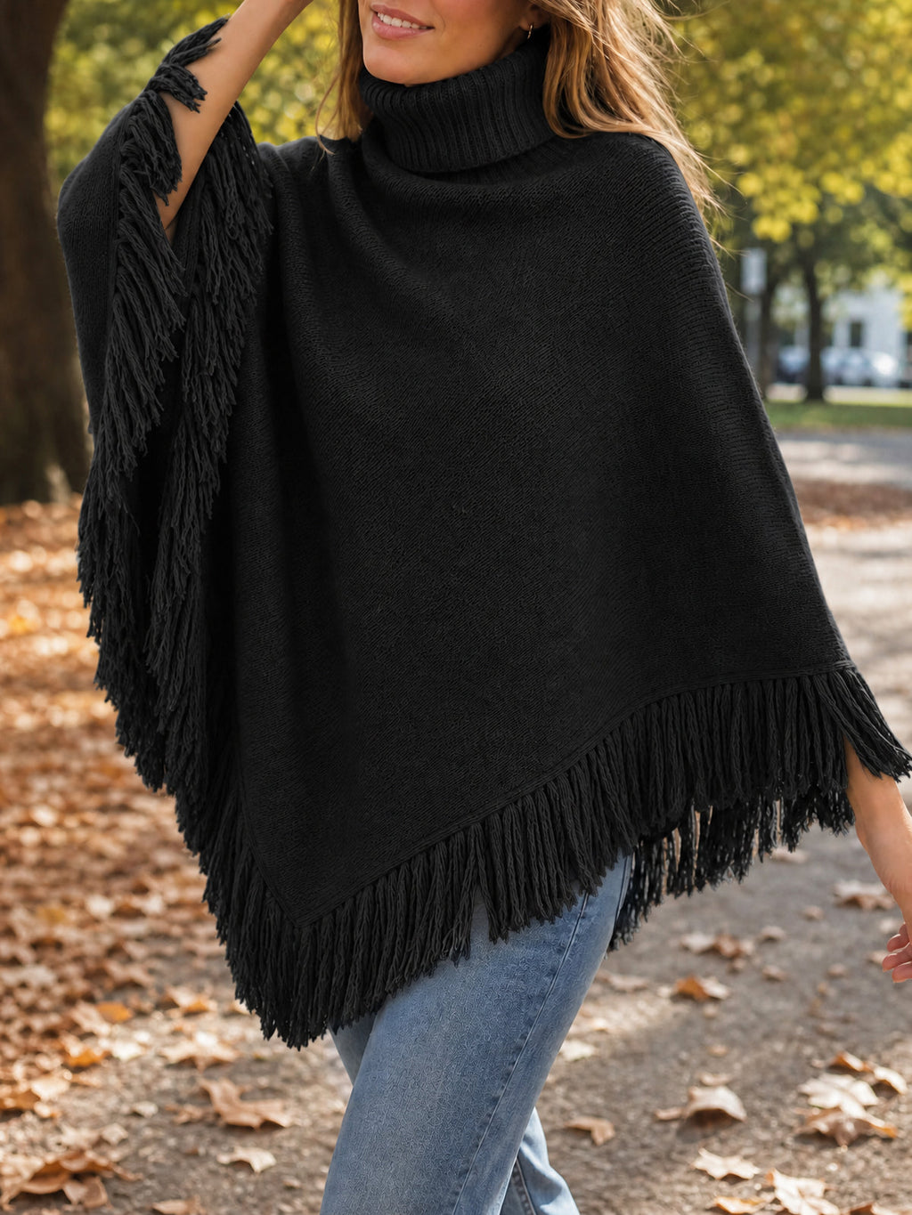 usvara Womens Fringe Turtleneck Poncho Sweater