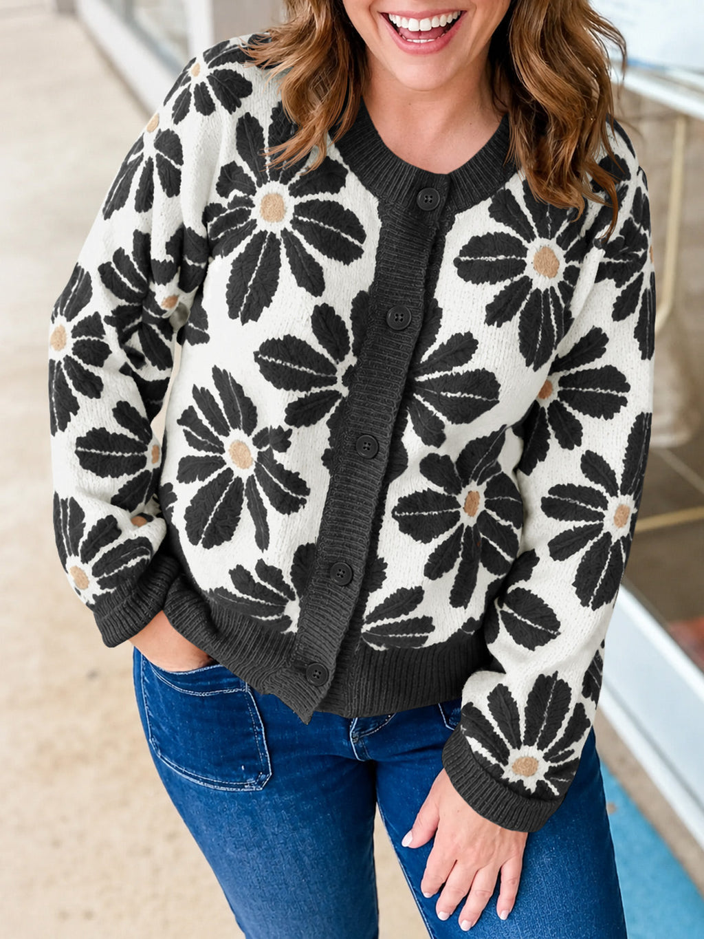 usvara Womens Floral Button Up Vintage Sweater