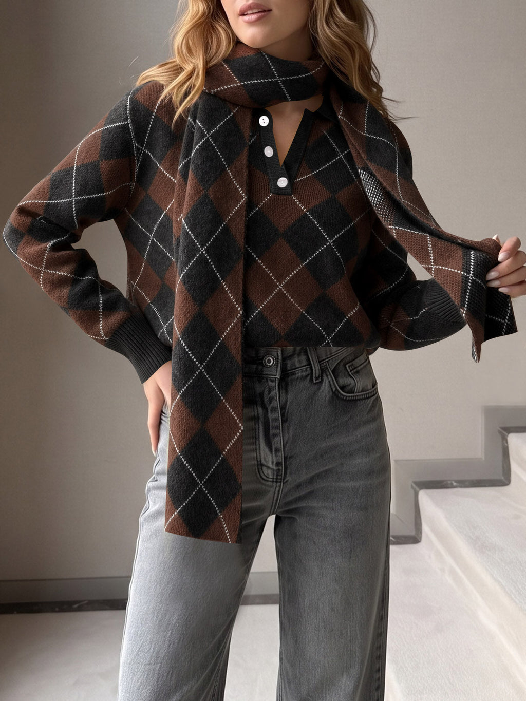 usvara Womens Argyle Color Block Polo Sweater