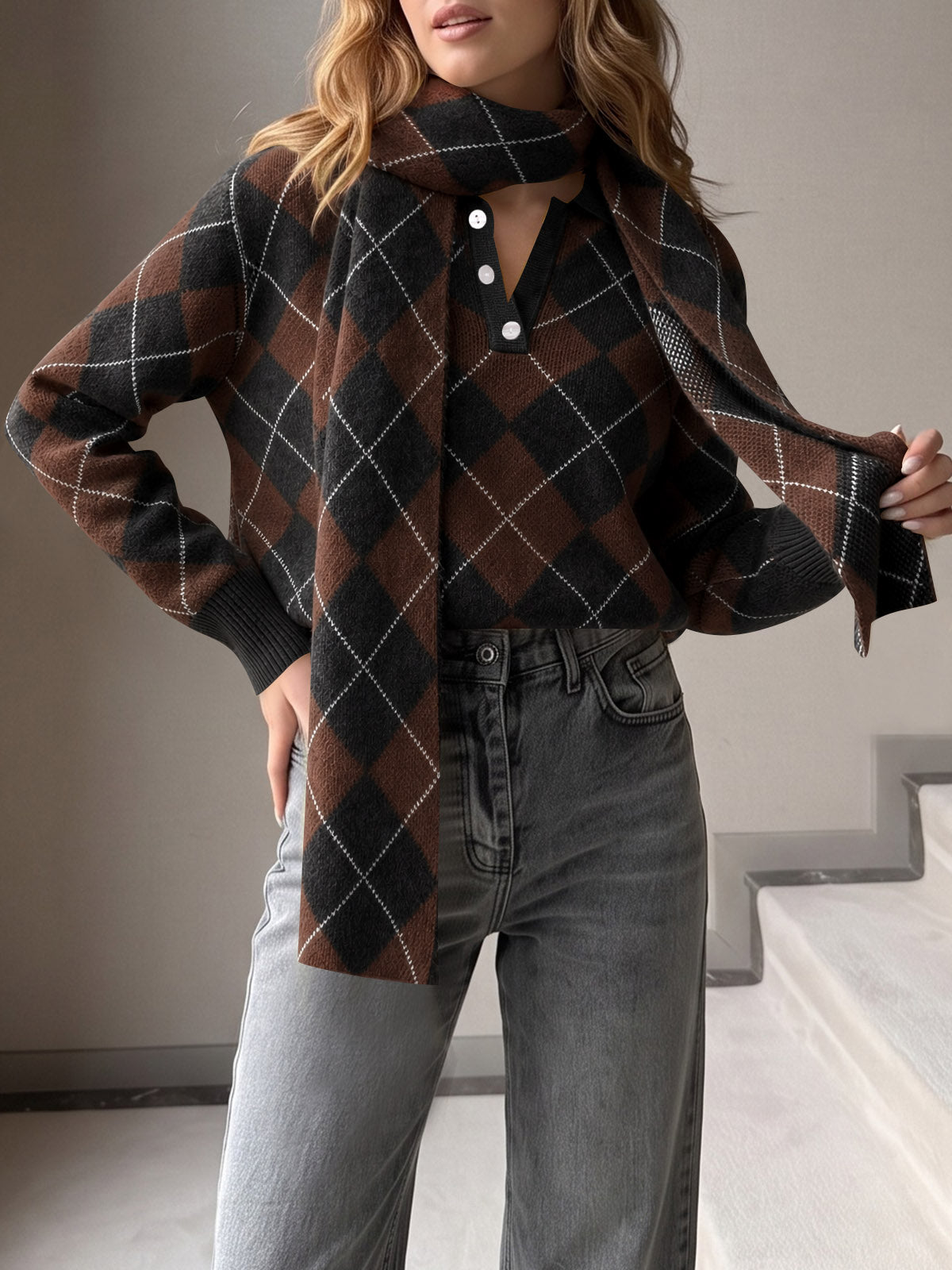 usvara Womens Argyle Color Block Polo Sweater