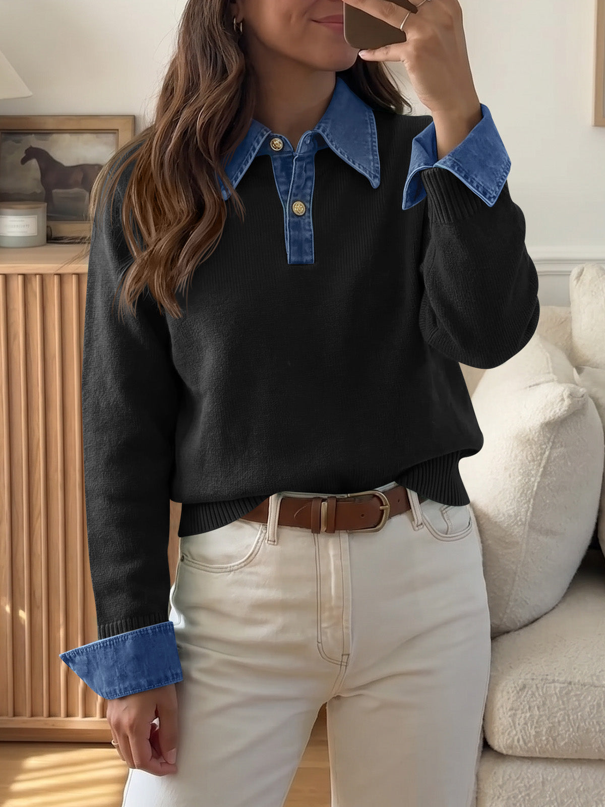 usvara Women Denim Patchwork V Neck Sweater Tops