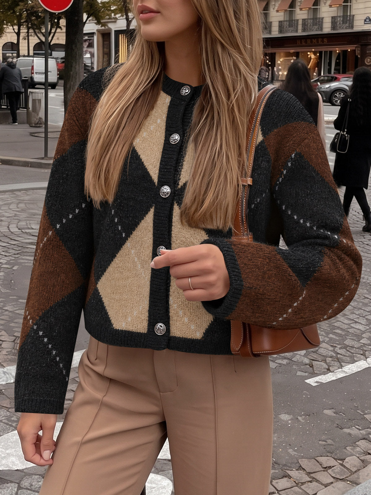 usvara Womens Argyle Crew Neck Knit Cardigan