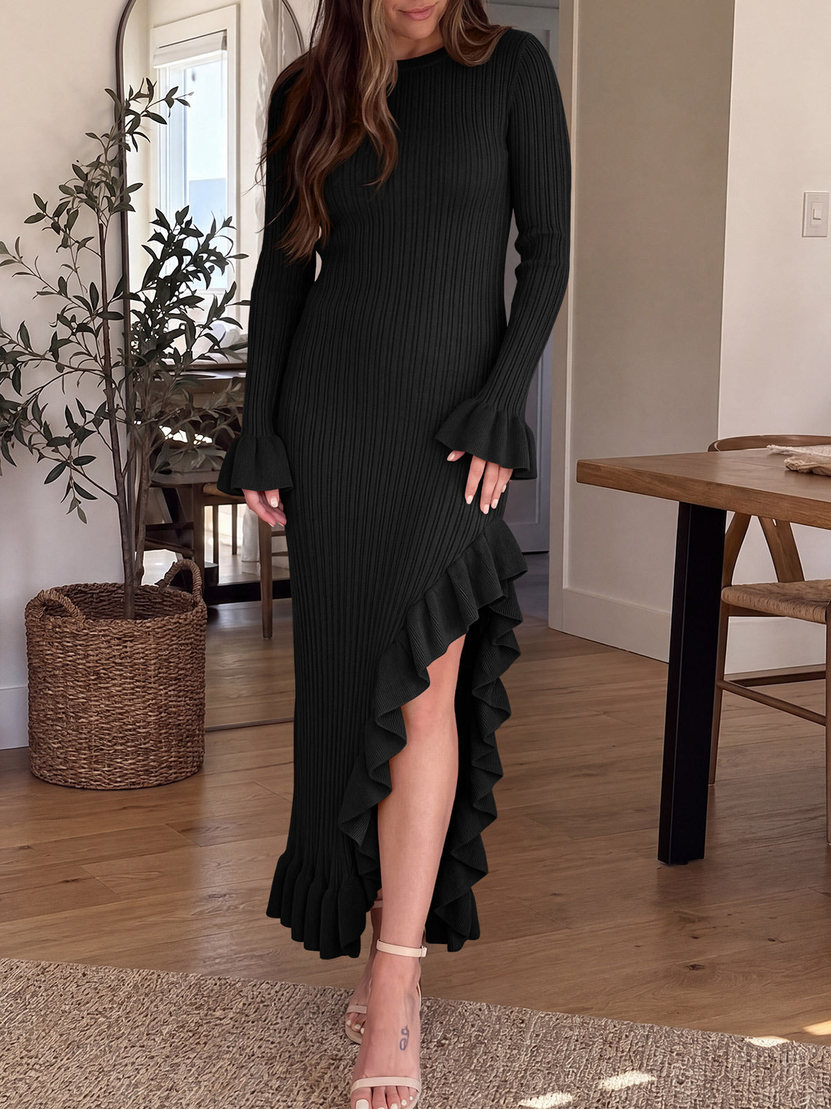 usvara Womens Bell Sleeve Ruffle Sweater Dress
