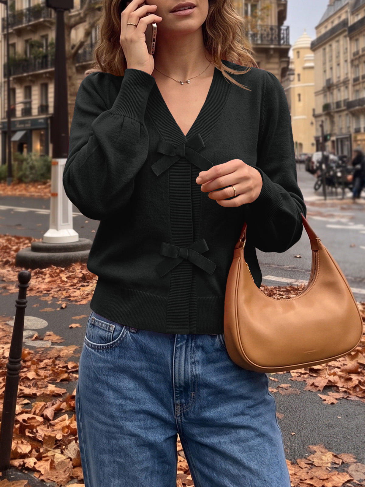usvara Women V Neck Bow Knit Cardigan